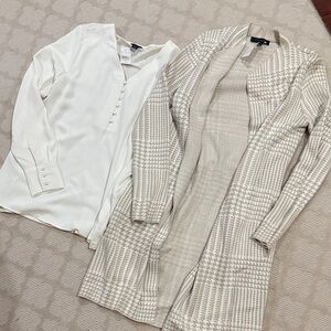 Ann Taylor off white Blouse and Beige Plaid Cardigan Set size medium